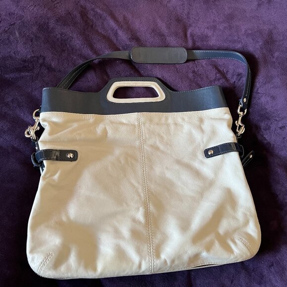 Coach M0873-13380 Ecru Leather Blue Double Handle Foldover Zipper Gusset Bag - Picture 9 of 10